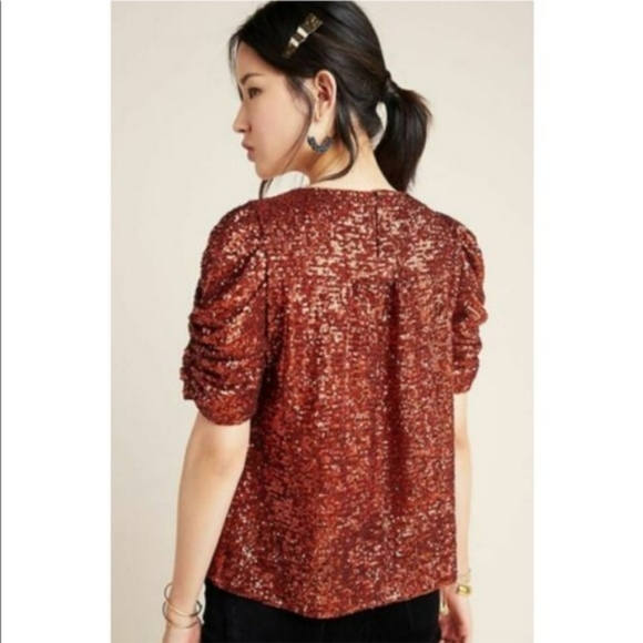 💘 NWT By Anthropologie Marie Sequined Blouse Copper Orange Sequin Puff Sleeve - Picture 4 of 10